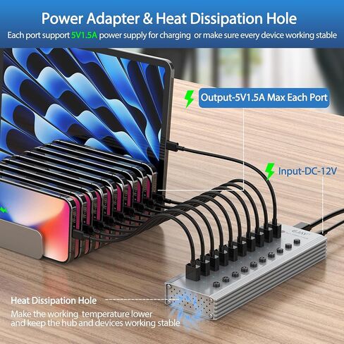 EJAY 10-Port USB 3.0 Data Hub وشاحن مع مفاتيح طاقة فردية مع محول طاقة لأجهزة Mac والكمبيوتر الشخصي (TGH-10U-Gray) in Kuwait