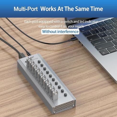 EJAY 10-Port USB 3.0 Data Hub وشاحن مع مفاتيح طاقة فردية مع محول طاقة لأجهزة Mac والكمبيوتر الشخصي (TGH-10U-Gray) in Kuwait