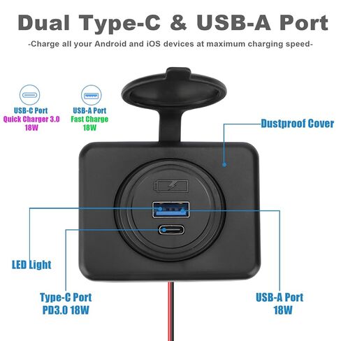 2PCS 12V/24V RV USB Outlet with Cap, PD3.0 18W Type-C & QC3.0 18W USB-A Port Panel Mount Surface Automotive Car USB Socket Quick Charger Power Adapter for RV Marine Boat Bus ATV Motorcycle Truck Golf in Kuwait