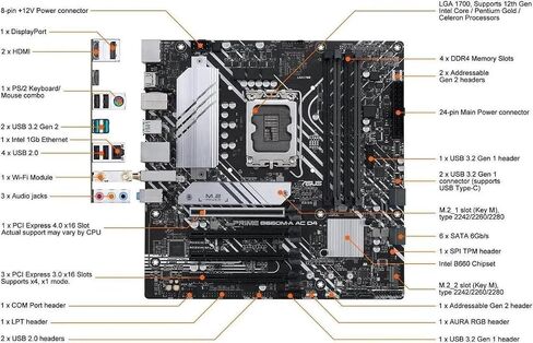 ASUS Prime B660M-A AC D4 Intel B660 Micro-ATX Motherboard, LGA 1700, DDR4, PCIe 4.0, WiFi AC, Bluetooth 5.1, Dual M.2, 6 SATA, HDMI, DisplayPort, USB 3.2, Aura Sync RGB in Saudi Arabia