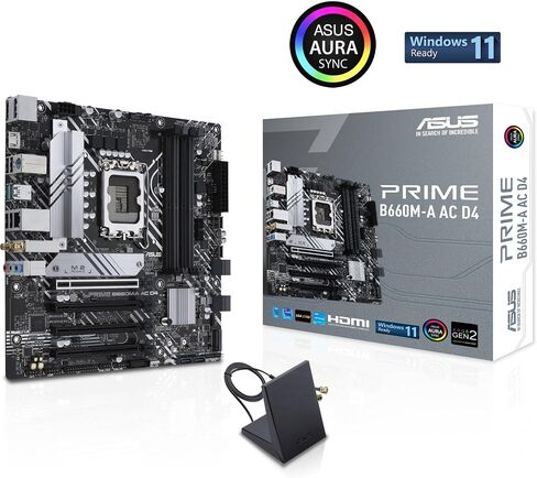 ASUS Prime B660M-A AC D4 Intel B660 Micro-ATX Motherboard, LGA 1700, DDR4, PCIe 4.0, WiFi AC, Bluetooth 5.1, Dual M.2, 6 SATA, HDMI, DisplayPort, USB 3.2, Aura Sync RGB in Saudi Arabia