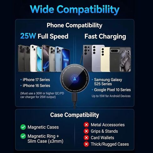 25W Magnetic Wireless Car Charger for Qi2.2 MagSafe with Magnet Ring, [Super Fast Charging & Cooling Metal Body for Heat Disspation] Car Mount Phone Holder for iPhone Samsung Android Phones in Saudi Arabia