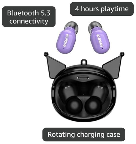 Hello Kitty Kuromi Wireless Bluetooth Earbuds with Rotating Charging Case | Built-in Mic, Hands-Free Calling, Purple and Black Design for Kids & Fans | Flip Face Feature in Saudi Arabia