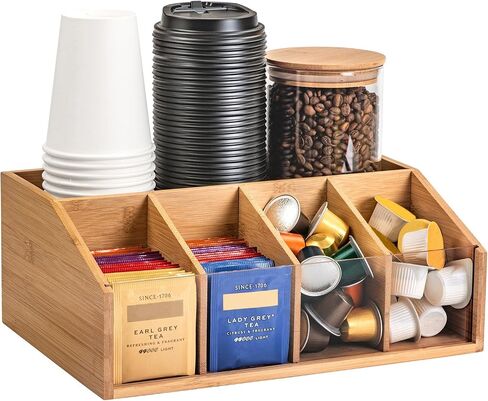 Bamboo Coffee Station Organizer for Countertop, Coffee Bar Accessories Organizer with 5 Compartments for Tea Bags Condiment, Pods, Creamer, Syrup, Cups in Saudi Arabia