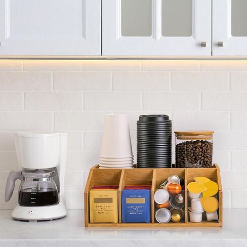 Bamboo Coffee Station Organizer for Countertop, Coffee Bar Accessories Organizer with 5 Compartments for Tea Bags Condiment, Pods, Creamer, Syrup, Cups in Saudi Arabia