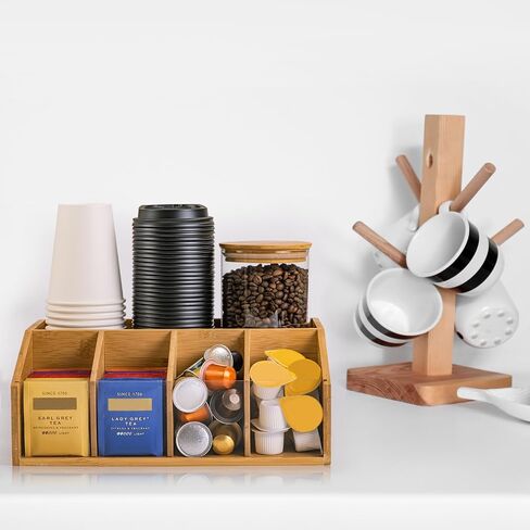 Bamboo Coffee Station Organizer for Countertop, Coffee Bar Accessories Organizer with 5 Compartments for Tea Bags Condiment, Pods, Creamer, Syrup, Cups in Saudi Arabia