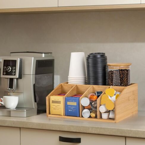 Bamboo Coffee Station Organizer for Countertop, Coffee Bar Accessories Organizer with 5 Compartments for Tea Bags Condiment, Pods, Creamer, Syrup, Cups in Saudi Arabia