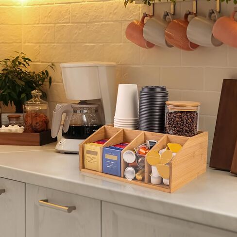 Bamboo Coffee Station Organizer for Countertop, Coffee Bar Accessories Organizer with 5 Compartments for Tea Bags Condiment, Pods, Creamer, Syrup, Cups in Saudi Arabia