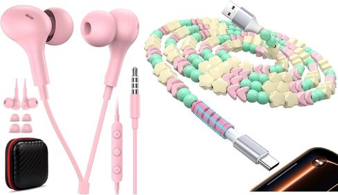 3.5mm Wired Earbuds with Mic for MacBook/Chormebook PC,Magnetic in Ear Buds, USB C Cable Beaded Cute USB-A Charger Cable in Saudi Arabia