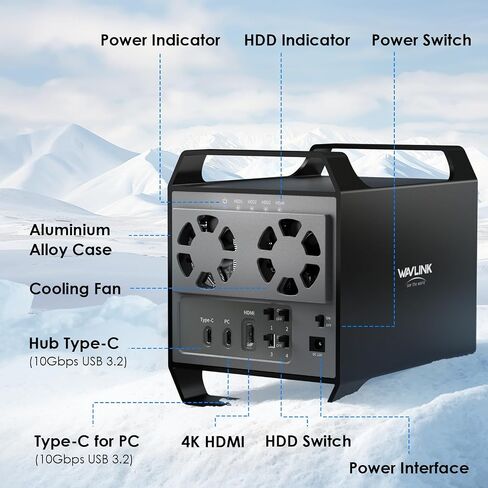 WAVLINK 4-Bay Hard Drive Enclosure for 3.5" and 2.5'' SATA HDD/SSD Featuring 10Gbps USB-C 3.2, Max 128TB Capacity, Built-in Temp-Controlled Cooling Fans, 4K HDMI Stunning Video Output, Aluminum Shell in Saudi Arabia