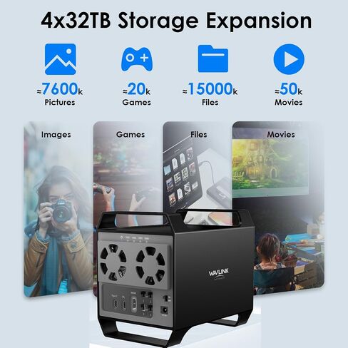 WAVLINK 4-Bay Hard Drive Enclosure for 3.5" and 2.5'' SATA HDD/SSD Featuring 10Gbps USB-C 3.2, Max 128TB Capacity, Built-in Temp-Controlled Cooling Fans, 4K HDMI Stunning Video Output, Aluminum Shell in Saudi Arabia