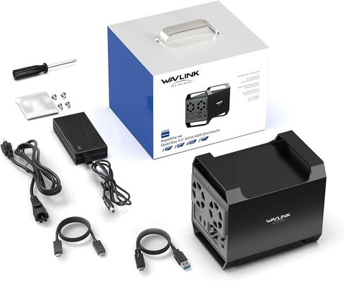 WAVLINK 4-Bay Hard Drive Enclosure for 3.5" and 2.5'' SATA HDD/SSD Featuring 10Gbps USB-C 3.2, Max 128TB Capacity, Built-in Temp-Controlled Cooling Fans, 4K HDMI Stunning Video Output, Aluminum Shell in Saudi Arabia
