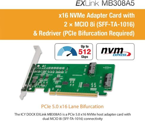 ICYDOCK EXLink MB308A5 PCIe 5.0 x16 NVMe Host Adapter Card with 2 × MCIO 8i (SFF-TA-1016) & Redriver (PCIe Bifurcation Required) in Saudi Arabia