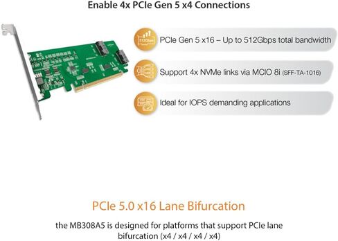 ICYDOCK EXLink MB308A5 PCIe 5.0 x16 NVMe Host Adapter Card with 2 × MCIO 8i (SFF-TA-1016) & Redriver (PCIe Bifurcation Required) in Saudi Arabia