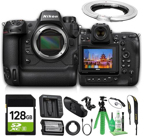 Nikon Z9 Mirrorless Camera Body 45.7MP Full Frame 8K Video 20 fps Raw 493-Point AF Dual CFexpress Slots Wi-Fi Bluetooth (1669) + Megadap + 128GB Memory Card + Flexible Tripod + Cleaning Kit + Cap in Saudi Arabia