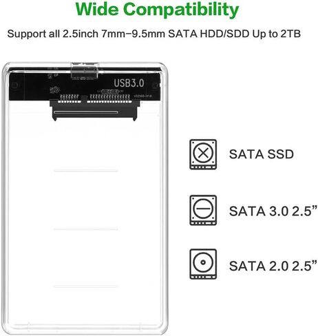 Transparent 2.5 Inch SSD Enclosure USB 3.0, SATA to USB 3.0 UASP 5Gbps, Tool-Free, Clear Hard Drive Case 7mm/9.5mm, Up to 2TB, for Windows Mac Linux, with PU Carry Bag in Saudi Arabia