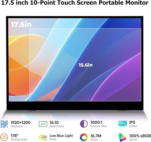 17.5" Portable Touchscreen Monitor, 1920×1200 IPS 16:10 Display, USB-C & HDMI Plug-and-Play, Built-in Dual Speakers, Ultra-Slim Travel Monitor for Laptop, PC, Smartphone & Game Consoles in Kuwait