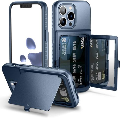 WeLoveCase for iPhone 13 Pro Wallet Case for Women with Credit Card Holder & Hidden Mirror, Two Layer Shockproof Heavy Duty Protection Cover Protective Case for iPhone 13 Pro - 6.1 Inch Blue in Saudi Arabia