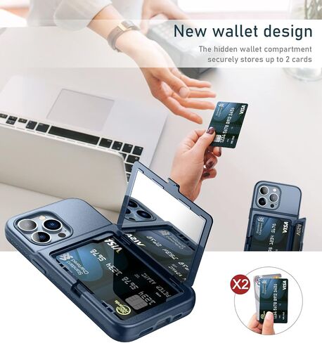 WeLoveCase for iPhone 13 Pro Wallet Case for Women with Credit Card Holder & Hidden Mirror, Two Layer Shockproof Heavy Duty Protection Cover Protective Case for iPhone 13 Pro - 6.1 Inch Blue in Saudi Arabia