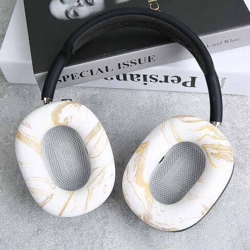 Ear Cushion Pads for AirPods Max Earpads Replacement with Protein Leather, Memory Foam and Magnet, Gorgeous and Luxury Style with White Gilding Pattern in Saudi Arabia