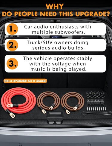 Big 3 Upgrade Kit 1/0 Gauge Wire,Pre-Crimped Lug Terminals for Car Audio in Saudi Arabia