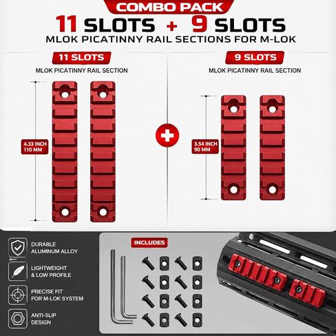 Gotical 2-Pack 11 Slots and 9 Slots MLOK Rail Sections for M Lok Handguard Eleven Slots Rail Picatinny Rail Aluminum and Finish Red in Saudi Arabia