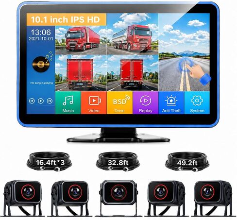 5 Channel Touchscreen Backup Camera Monitor for Truck/RV/Semi Trailer/Van/Cars, 10.1 Inch HD Night Vision Backup System, Music & Video Blind Spot Warning Loop Record Waterproof Reverse Cameras in Saudi Arabia