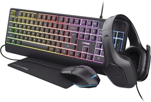 Trust Gaming GXT 792 Quadrox 4-in-1 Gaming Keyboard and Mouse Set, QWERTY UK, Lightweight Headset with Microphone, Mouse Mat, Gaming PC Bundle, RGB Gamer Set for Computer, Laptop, Desktop - Black in Saudi Arabia