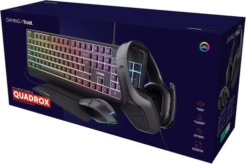 Trust Gaming GXT 792 Quadrox 4-in-1 Gaming Keyboard and Mouse Set, QWERTY UK, Lightweight Headset with Microphone, Mouse Mat, Gaming PC Bundle, RGB Gamer Set for Computer, Laptop, Desktop - Black in Saudi Arabia