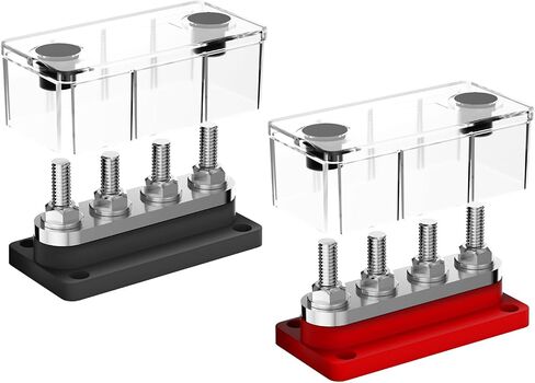 600A Bus Bar Power Distribution Block 4 x 3/8" (M10) Terminal Studs 48V DC Positive & Ground Busbar Terminal Block wtih Cover for Marine Automotive RV Boat(Black & Red) in Kuwait
