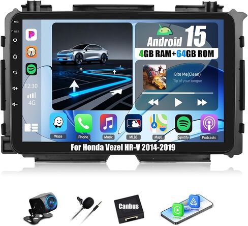 Android 15 4+64G Car Radio Stereo for Honda Vezel HR-V HRV 2014-2019,Wireless CarPlay Android Auto, GPS 9" 1280 * 720P Touchscreen 5.0-Bluetooth 32-EQ FM/RDS WiFi Backup Cam Mirror Link Mic +Canbus in Saudi Arabia