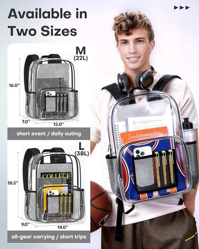 HOTOR Clear Backpack - Multi-Pocket Bookbag, Cold-Resistant PVC Waterproof Work Bag & College Backpack with Padded Shoulder Straps for Travel, Festival, 16.0" x 12.0" x 7.0", Black in Saudi Arabia