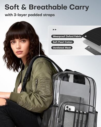 HOTOR Clear Backpack - Multi-Pocket Bookbag, Cold-Resistant PVC Waterproof Work Bag & College Backpack with Padded Shoulder Straps for Travel, Festival, 16.0" x 12.0" x 7.0", Black in Saudi Arabia