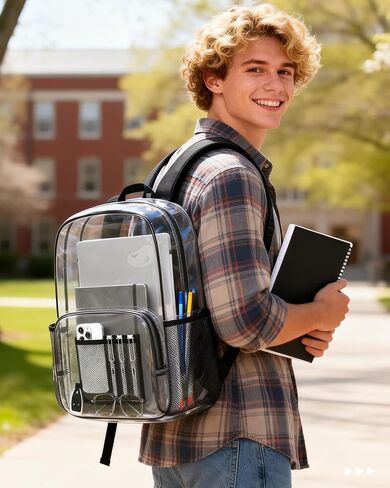 HOTOR Clear Backpack - Multi-Pocket Bookbag, Cold-Resistant PVC Waterproof Work Bag & College Backpack with Padded Shoulder Straps for Travel, Festival, 16.0" x 12.0" x 7.0", Black in Saudi Arabia