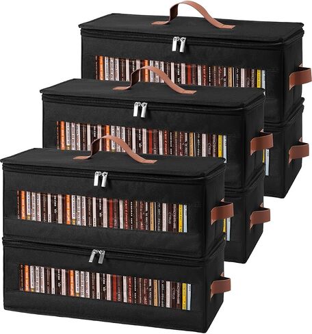 صندوق تخزين الأقراص المضغوطة من Qozary - 4 عبوات حامل أقراص مضغوطة مع نافذة شفافة، يحمل 150 علبة جوهرة، رف تخزين الوسائط للأقراص المضغوطة، وأقراص ألعاب الفيديو، وقرص Blu Ray-16.5 × 8.3 × 8 بوصة، أسود in Kuwait