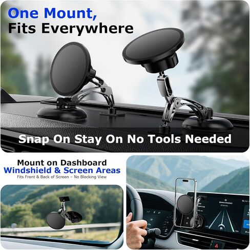 Dual Support for MagSafe Car Mount, Magnetic Phone Holder for Car with Vacuum, 360°Adjustable Metal Head &Extension Rod, Cell Phone Holders for Your Car for iPhone17/16/15/14/13/12, Android in Saudi Arabia