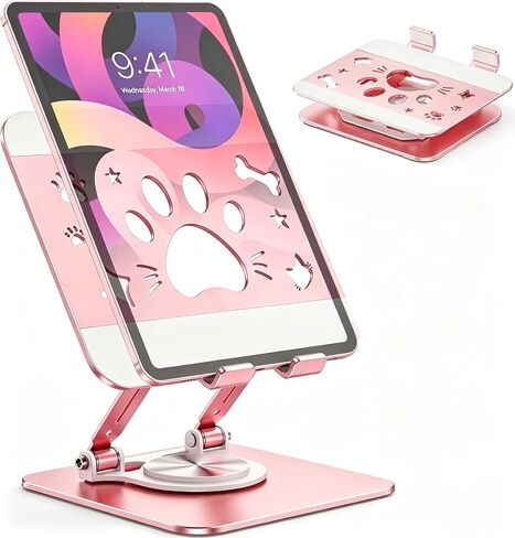 Cute Cat Paw Carbon Steel Tablet Phone Stand, 360 Rotating Heavy Duty Tablet Holder, Foldable Adjustable Stand Compatible with 4.7-13" iPhone, iPad Pro Air Mini, Kindle, Android Tablets (Pink) in Saudi Arabia