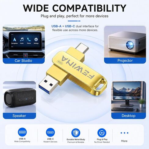 USB C Flash Drive 32GB USB 3.0 Thumb Drive OTG Jump Drive,Gold in Saudi Arabia
