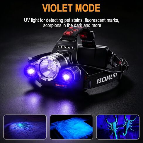 BORUIT RJ-3000 LED Black Light Headlamp,3 Modes White and UV Light Headlamp, Super Bright USB-C Rechargeable Aluminum Head Lamp for Inspection,Scorpions, Camping Hiking Outdoor Use in Saudi Arabia