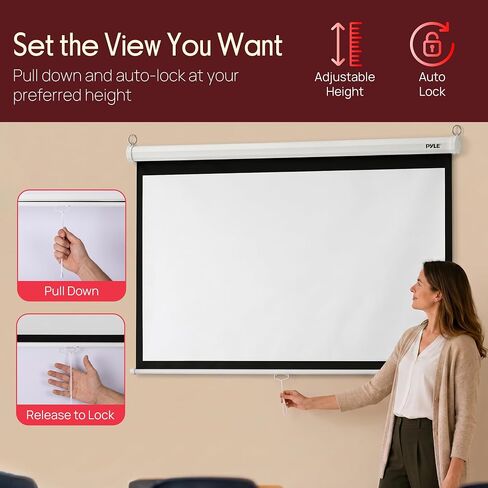 Pyle 72 Inch Pull Down Projector Screen | Manual Retractable Projector Screen, with Roll-Down Matte White Surface, Auto-Locking Height Adjustment, Wall or Ceiling Mount | Home Theater Accessories in Saudi Arabia