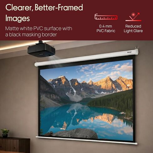 Pyle 72 Inch Pull Down Projector Screen | Manual Retractable Projector Screen, with Roll-Down Matte White Surface, Auto-Locking Height Adjustment, Wall or Ceiling Mount | Home Theater Accessories in Saudi Arabia