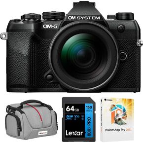 OM SYSTEM Olympus OM-5 Mark II 12-45mm Pro Lens Kit in Black V210071BU000 Bundle with Camera Bag for DSLR and Mirrorless Cameras, Lexar 64GB Memory Card and Corel Photo Video Suite PaintShop in Kuwait