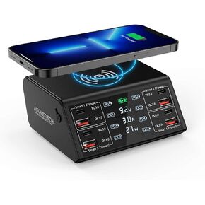USB Charger, ASOMETECH 100W 8 Port Multiple USB Charging Station with 4 Quick Charge 3.0, 4 USB C PD Port, Wireless Charger, LCD Display Fast Charging Hub for iPhone 13 12 iPad Samsung and More in Kuwait