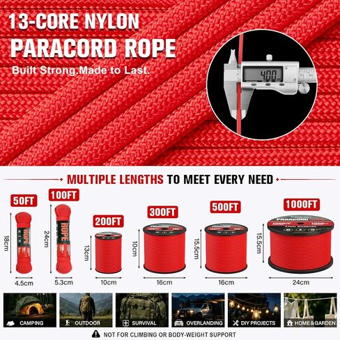 Paracord Rope 1000 lb - 13-Strand Nylon Cord 100ft Parachute Cord - 4MM 5/32" Utility String for Camping Survival Outdoor Gear DIY Bracelet Clothesline Red in Saudi Arabia
