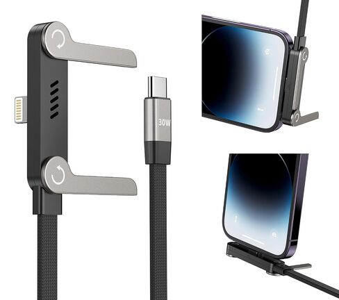 USB C to Lightning Cable with Stand, MFi Certified 2-in-1 Invisible Holder Charger Cable, 30W Lightning Flat Cable 90 Degree for iPhone 14-5/iPad, Sideways Phone Charger Cord for Gaming, Office, Home in Kuwait