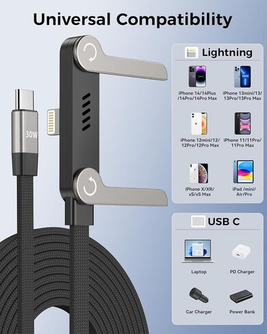 USB C to Lightning Cable with Stand, MFi Certified 2-in-1 Invisible Holder Charger Cable, 30W Lightning Flat Cable 90 Degree for iPhone 14-5/iPad, Sideways Phone Charger Cord for Gaming, Office, Home in Kuwait