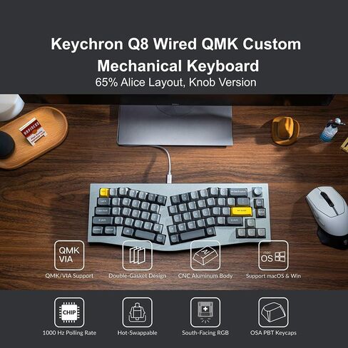 Keychron Q8 Wired Custom Mechanical Keyboard Knob Version, 65% Alice Layout QMK/VIA Programmable with Hot-swappable Gateron G Pro Brown Switch Double Gasket Compatible with Mac Windows Linux (Grey) in Saudi Arabia