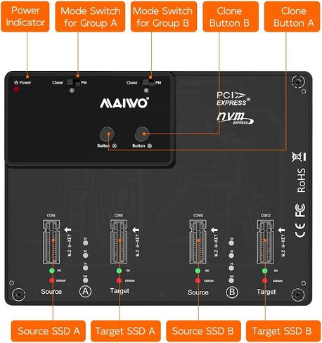 MAIWO M.2 NVMe SSD Cloner Duplicator, USB3.2 GEN2 10Gbps, Two Groups 1-to-1 Clone, 32TB Capacity, USB-C 4 Bay Hard Drive Docking Station Reader Adapter Enclosure in Saudi Arabia