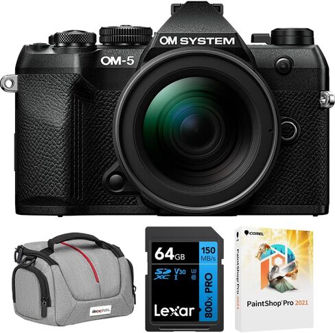 OM SYSTEM Olympus OM-5 Mark II 12-45mm Pro Lens Kit in Black V210071BU000 Bundle with Camera Bag for DSLR and Mirrorless Cameras, Lexar 64GB Memory Card and Corel Photo Video Suite PaintShop in Kuwait