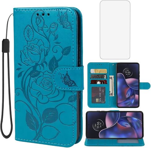Case for Moto Edge 2022/Moto Edge 2022 5G UW XT2205-1 Wallet Case with Tempered Glass Screen Protector, Leather Flip Credit Card Holder Stand Cover for Motorola Moto Edge 2022 5G Rose Gold in Saudi Arabia